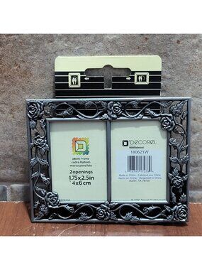 Vintage Decorel Pewter Double Mini Picture Frame Roses Vine